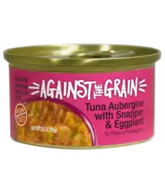 A can of Against the Grain cat food labeled "Aloha Tuna with Crab & Seaweed," featuring a gold lid and a pink label with text and food imagery.
