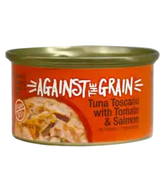 A can of Aloha Tuna with Crab & Seaweed cat food, featuring an orange label and an image of the food.