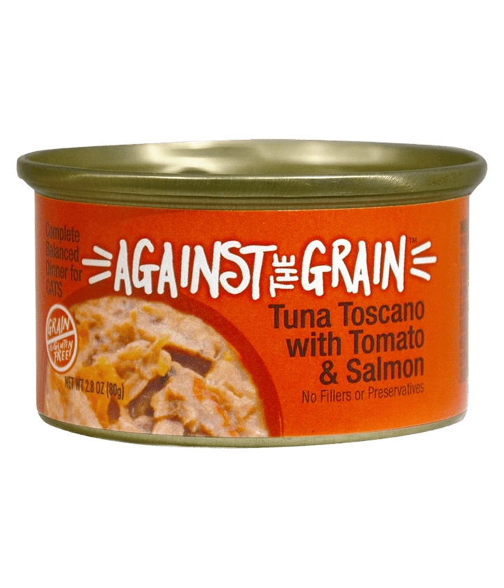 A can of Aloha Tuna with Crab & Seaweed cat food, featuring an orange label and an image of the food.
