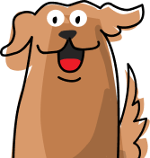 Cartoon illustration of a happy brown dog with a wagging tail, open mouth, and wide eyes, facing forward.
