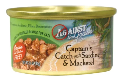 A 2.8 oz (80g) can of Captain's Catch with Sardine & Mackerel cat food, grain and gluten free.
