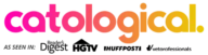The word "catological" is displayed in a colorful gradient. Below are logos for Reader's Digest, HGTV, HuffPost, and Vet Professionals, indicating media mentions.