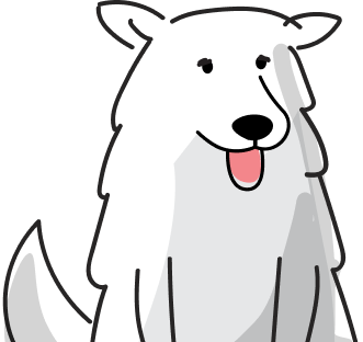 Simple illustration of a white dog sitting, with its tongue out and tail curved to the side.
