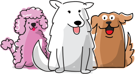 Cartoon illustration of three dogs: a pink poodle, a white fluffy dog, and a brown dog, all sitting and facing forward with happy expressions.