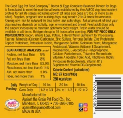 The Good Egg - Bacon N Eggs Scramble dog food label lists ingredients, guaranteed analysis, calorie content, feeding directions, manufacturer info, and contact details. Bacon and egg flavor for dogs.