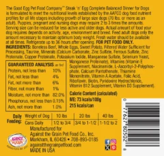 Yellow label for "The Good Egg - Steak 'n Egg" dog food displays ingredients, guaranteed analysis, feeding guidelines by weight, calorie content, and manufacturer information.
