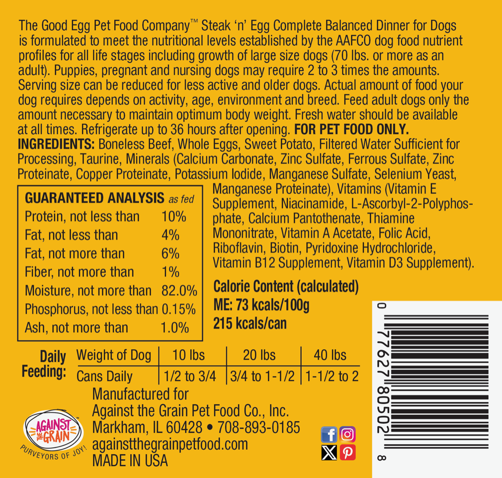 Yellow label for "The Good Egg - Steak 'n Egg" dog food displays ingredients, guaranteed analysis, feeding guidelines by weight, calorie content, and manufacturer information.