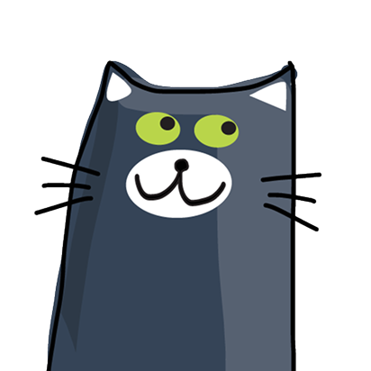 Cartoon illustration of a dark gray cat with green eyes, white muzzle, and black whiskers, drawn on a plain white background.
