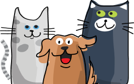 Cartoon illustration of two cats and a dog sitting together, all facing forward and smiling.