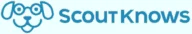 Blue "ScoutKnows" logo with stylized dog face featuring glasses, nose, mouth, and ears to the left of the brand name in blue text.