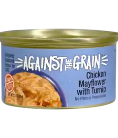 A can of Against the Grain Chicken Mayflower with Turnip cat food, showing the label with product name and description on a blue background.