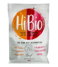A bag of HiBio air dried, low heat beef dog and cat food, labeled as a raw diet alternative with vitamin and mineral benefits.