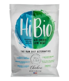 A white HiBio pet food bag labeled "Air Dried Low Heat" with blue and green graphics, marketed for dogs and cats as a raw diet alternative with chicken flavor.