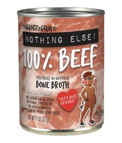 A can of Against the Grain Nothing Else 100% Beef dog food with bone broth, featuring a cartoon cow and product details on the label.