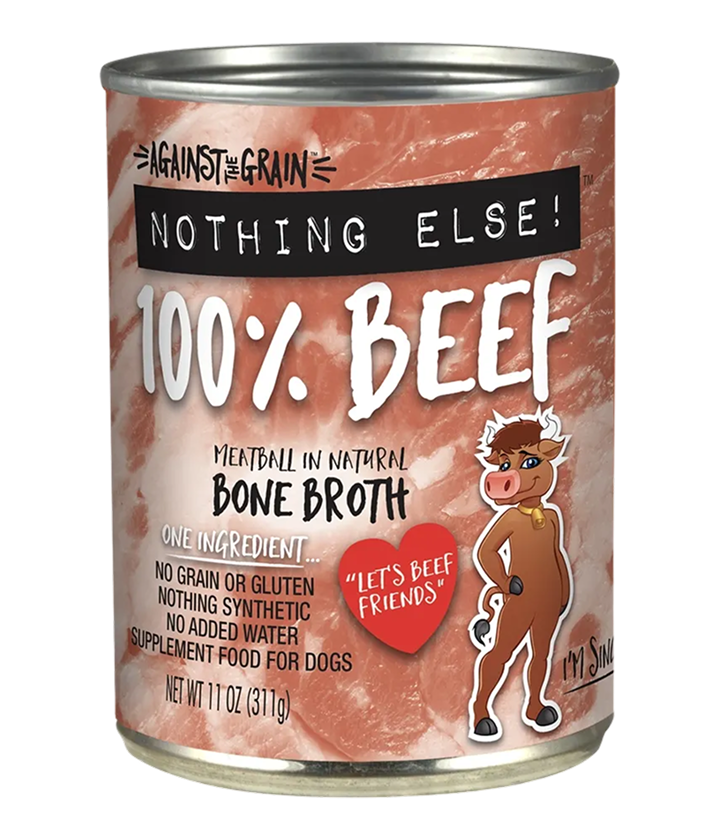 A can of Against the Grain Nothing Else 100% Beef dog food with bone broth, featuring a cartoon cow and product details on the label.