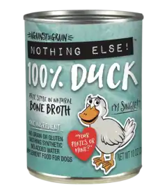 A can of Against the Grain Nothing Else! 100% Duck dog food, pet food label includes a cartoon duck and product details on a teal background.