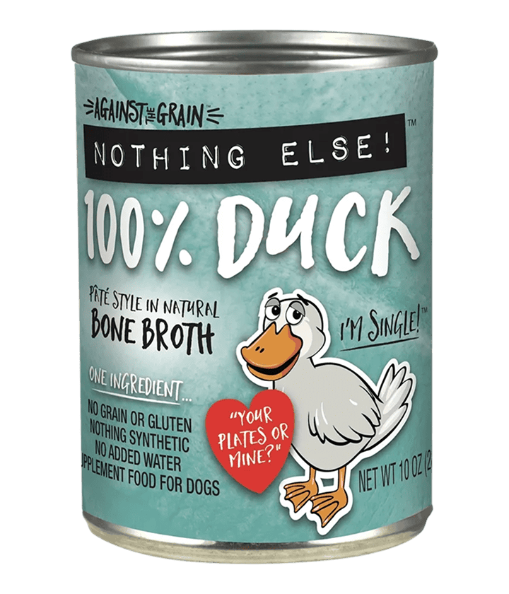 A can of Against the Grain Nothing Else! 100% Duck dog food, pet food label includes a cartoon duck and product details on a teal background.