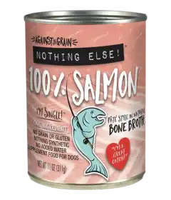 A can of Against the Grain Nothing Else! 100% Salmon dog food, featuring a cartoon fish and text highlighting single-ingredient salmon in bone broth.