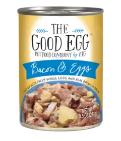 A can of The Good Egg pet food, bacon and eggs flavor, showing chunks of meat and egg on the label, net weight 10.5 oz (297g).