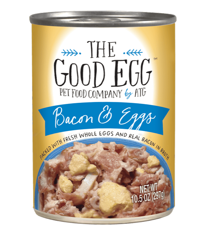 A can of The Good Egg pet food, bacon and eggs flavor, showing chunks of meat and egg on the label, net weight 10.5 oz (297g).