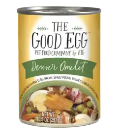 A can of The Good Egg Denver Omelet pet food, featuring eggs, bacon, sweet potato, spinach, carrots, and peas. Net weight 10.5 oz (297g).