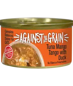 An orange can of Against the Grain cat food labeled "Tuna Mango Tango with Duck," showing the food inside through a clear section on the left.