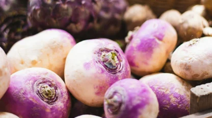 A pile of purple and white turnips is displayed in front of artichokes and a wicker basket at a market.