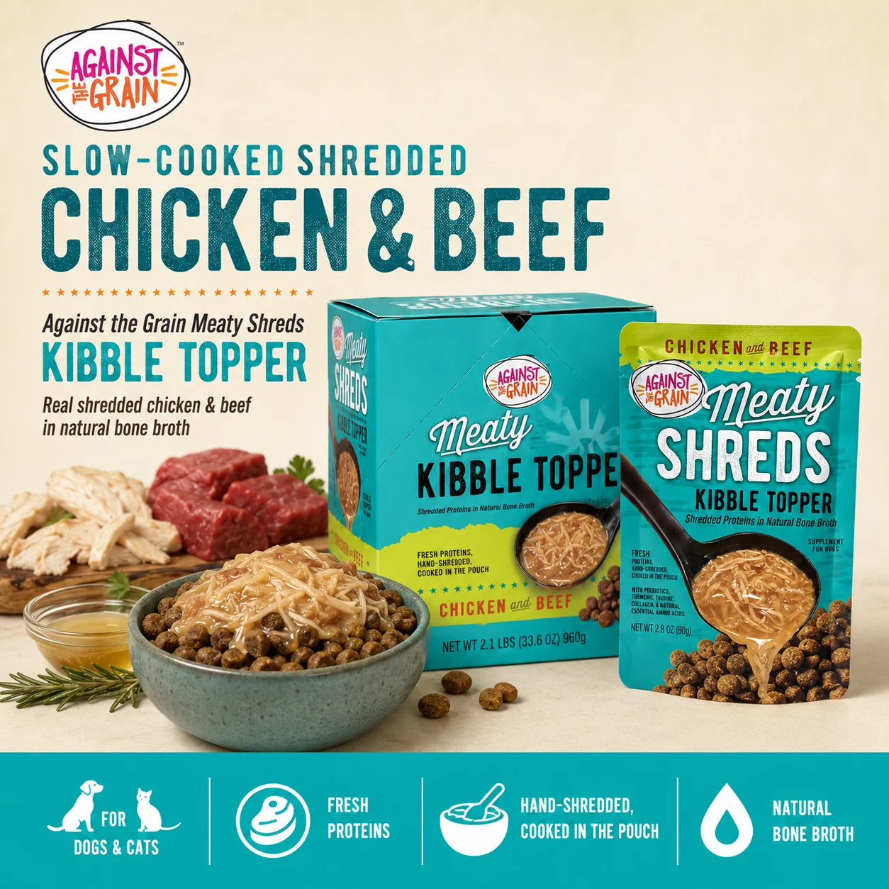 Shreds Slow Cooked Shredded Chicken & Beef Kibble Topper package and pouch, featuring shredded chicken, beef, kibble, and fresh meat arranged on a table with product benefits shown at the bottom.