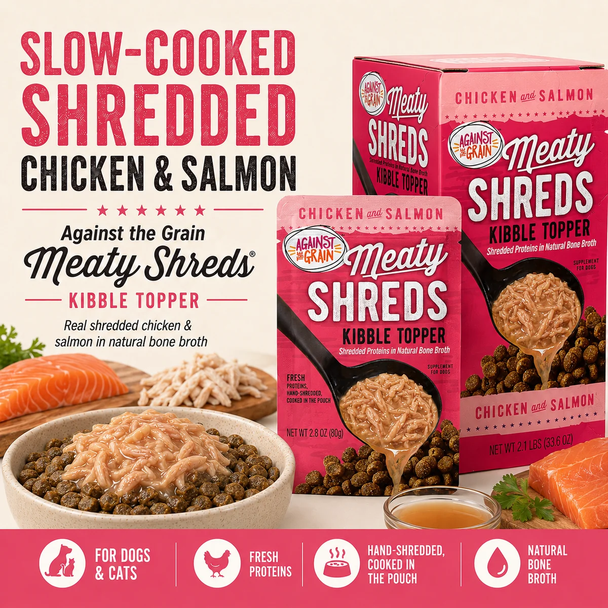 A bowl of dog kibble topped with Shreds Slow Cooked Shredded Chicken & Salmon Kibble Topper sits beside two boxes of the product, with key features listed below.