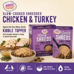 Shreds Slow Cooked Shredded Chicken & Turkey Kibble Topper packaging, featuring tender shreds of chicken and turkey in a bowl with herbs and kibble, alongside highlighted product benefits.