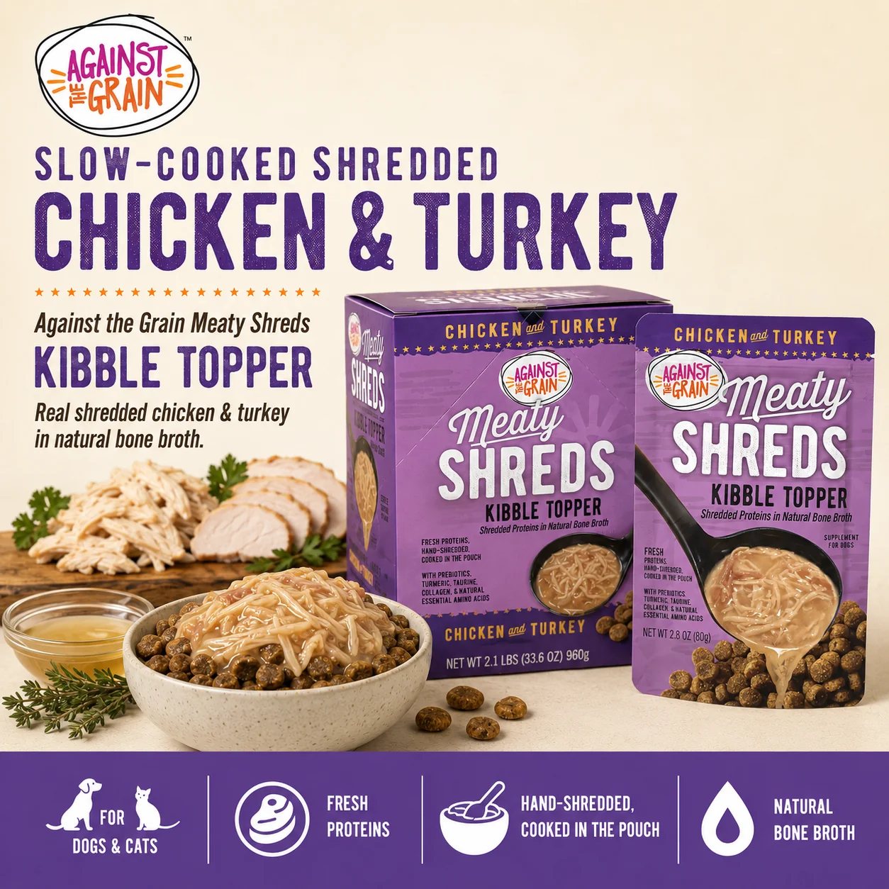 Shreds Slow Cooked Shredded Chicken & Turkey Kibble Topper packaging, featuring tender shreds of chicken and turkey in a bowl with herbs and kibble, alongside highlighted product benefits.