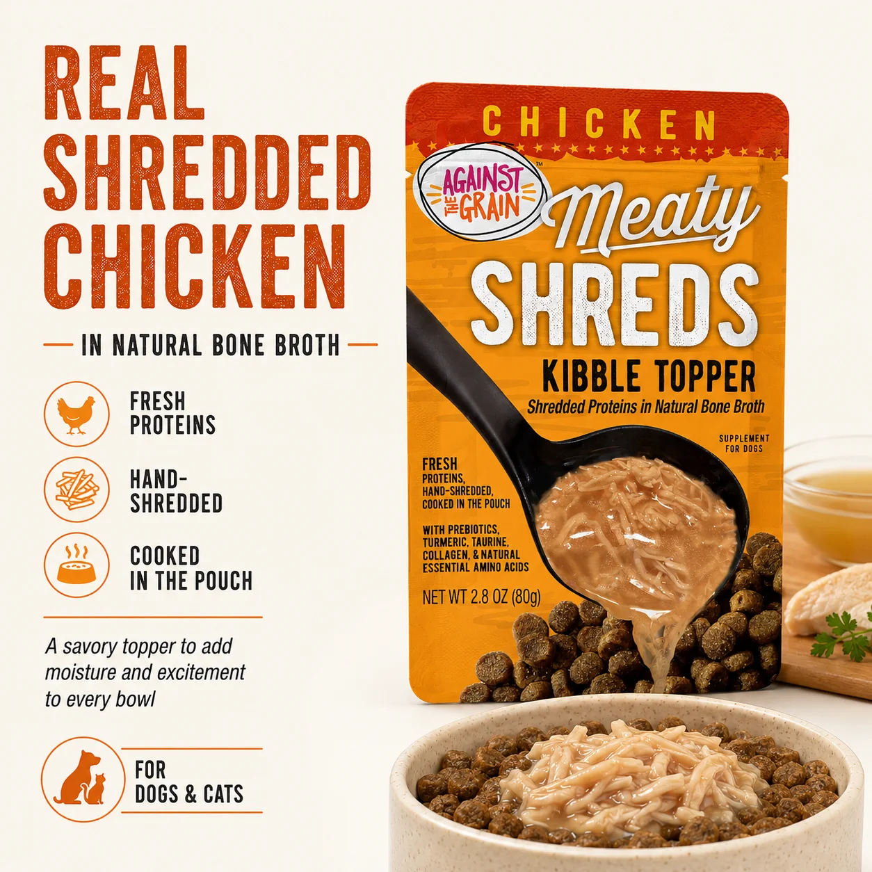 A pouch of Shreds Slow Cooked Shredded Chicken Kibble Topper rests above a bowl of kibble topped with real shredded chicken. Text highlights features such as real shredded chicken, fresh proteins, and suitability for both dogs and cats.