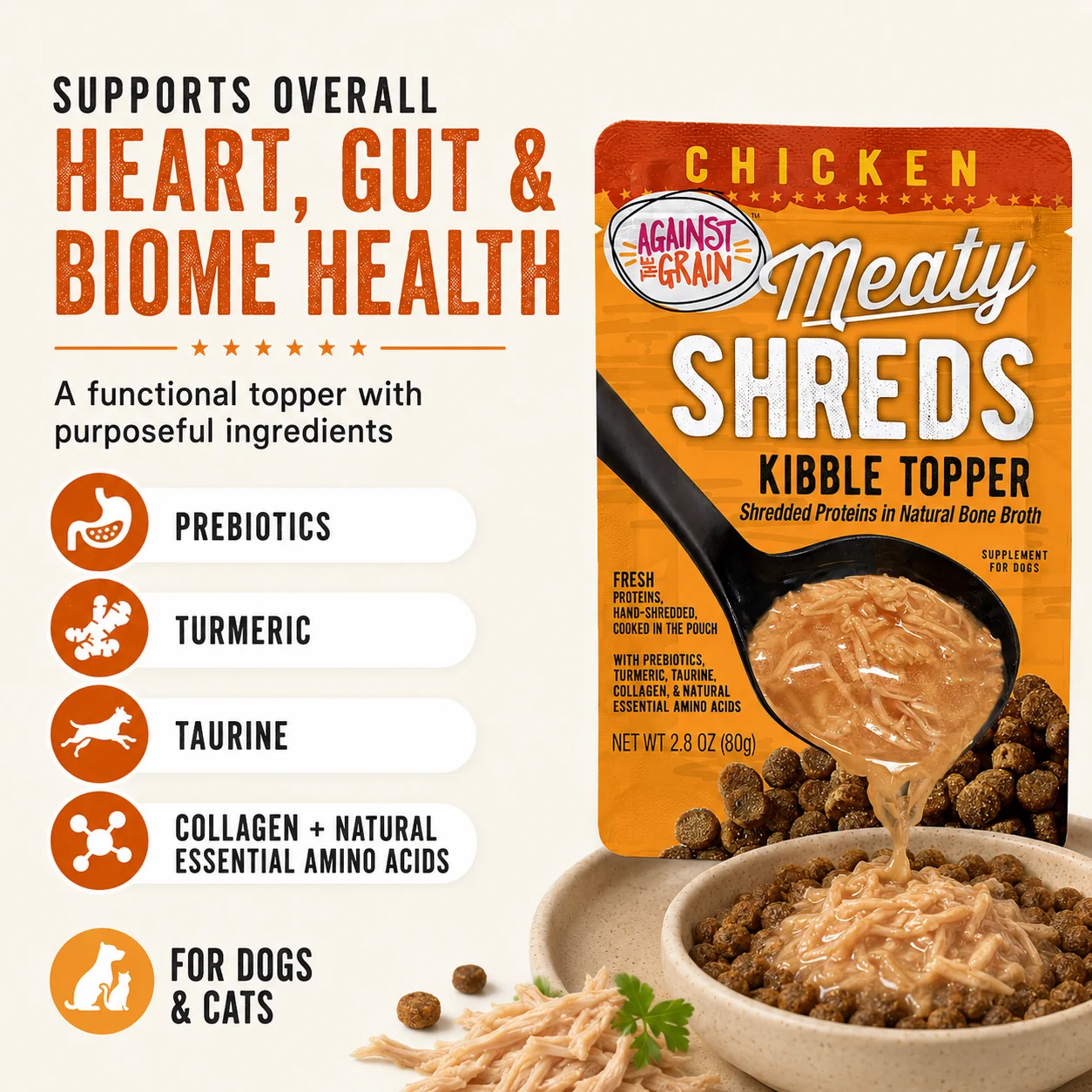 Shreds Slow Cooked Shredded Chicken Kibble Topper package with shredded food in a bowl, emphasizing the inclusion of prebiotics, turmeric, taurine, collagen, and natural amino acids for the health of dogs and cats.