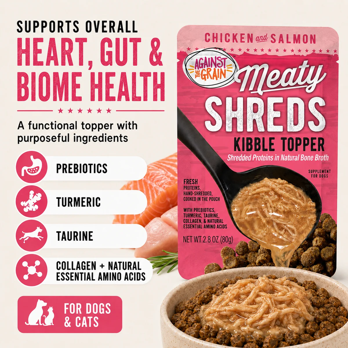 A package of Shreds Slow Cooked Shredded Chicken & Salmon Kibble Topper, suitable for dogs and cats, displayed with the product served in a bowl and key health benefits featured.
