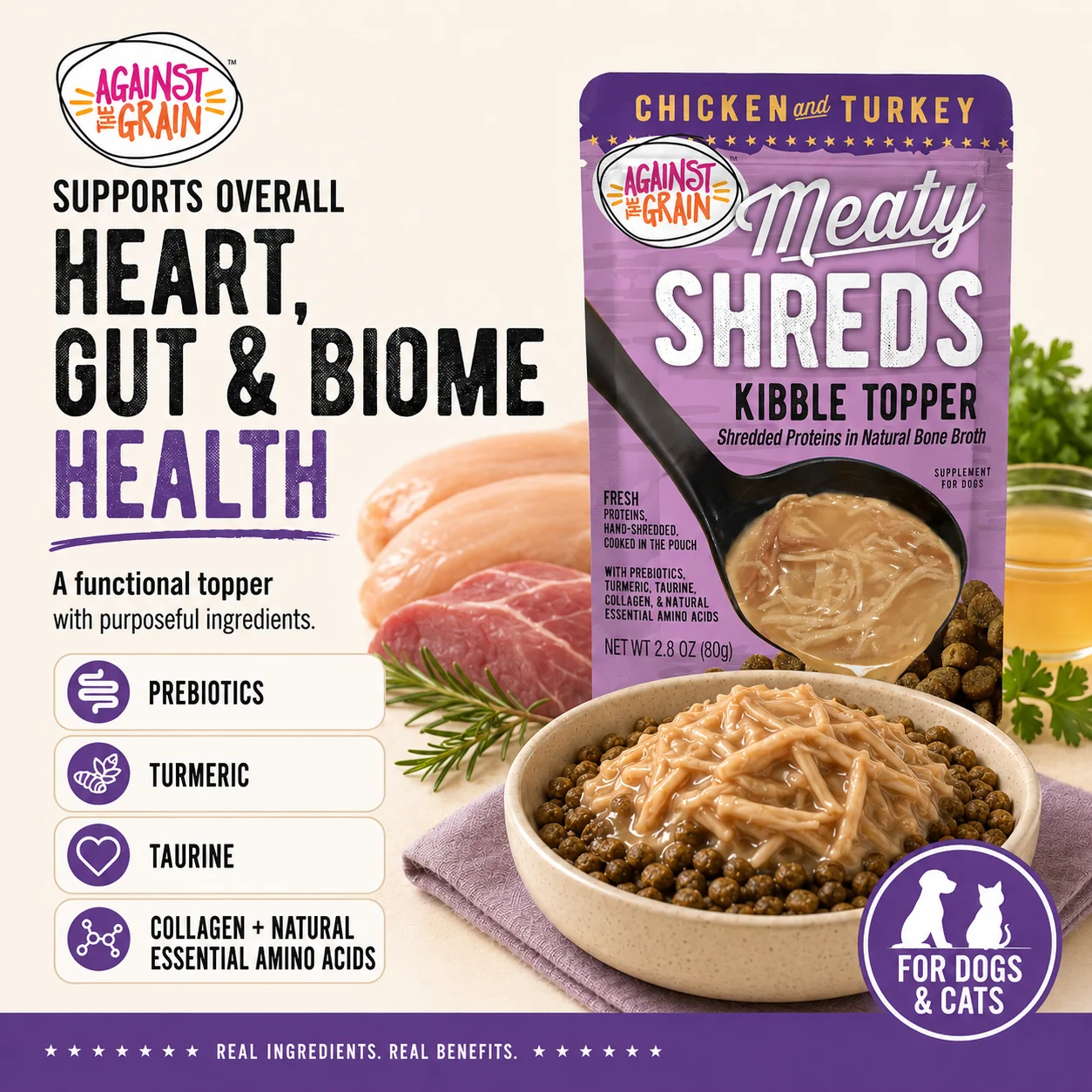 Packet of "Shreds Slow Cooked Shredded Chicken & Turkey Kibble Topper" is shown next to a bowl of pet food, highlighting ingredients like prebiotics, turmeric, taurine, and collagen.