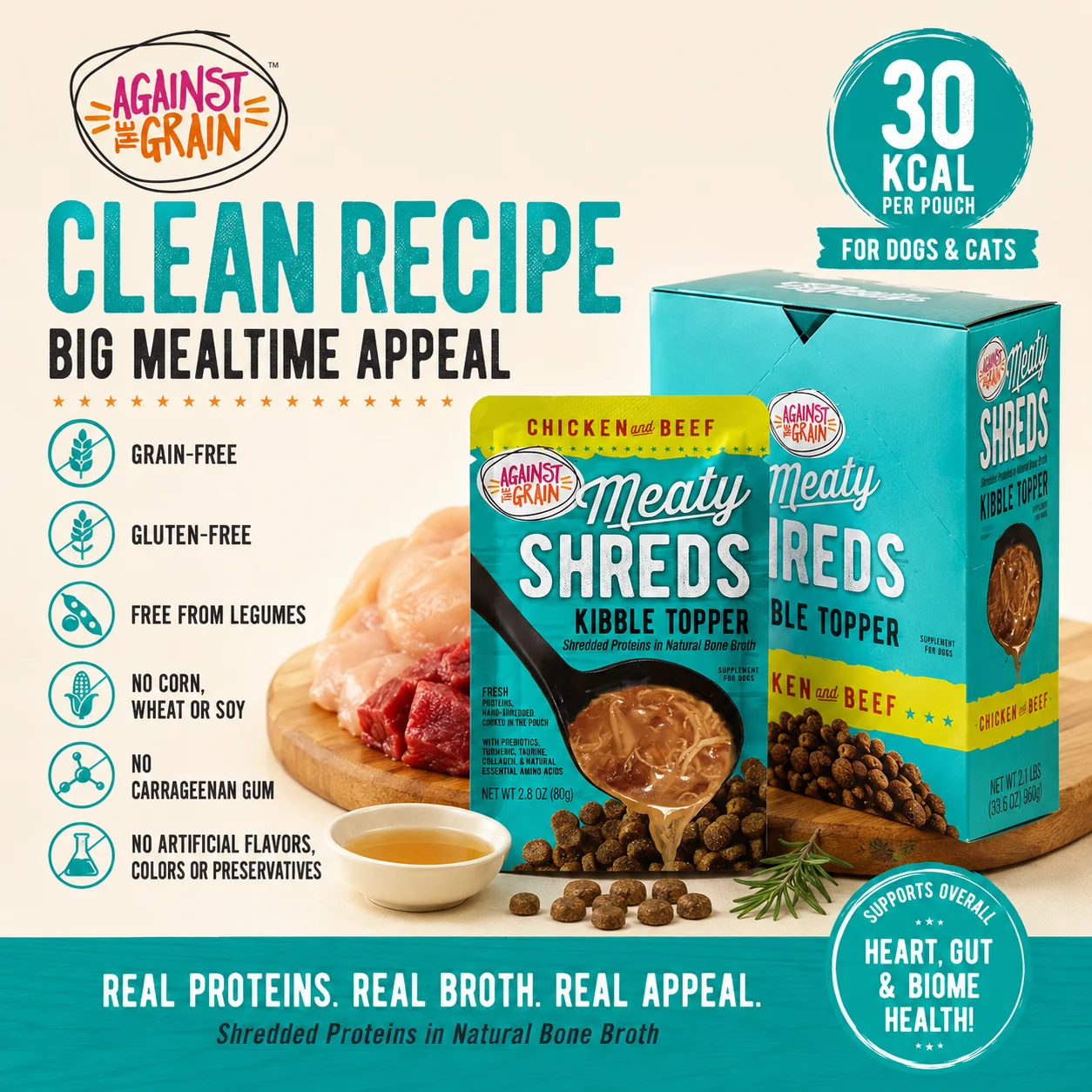 A box and pouch of Shreds Slow Cooked Shredded Chicken & Beef Kibble Topper for dogs and cats, featuring highlights of ingredients, calorie content, and health benefits listed on the packaging.