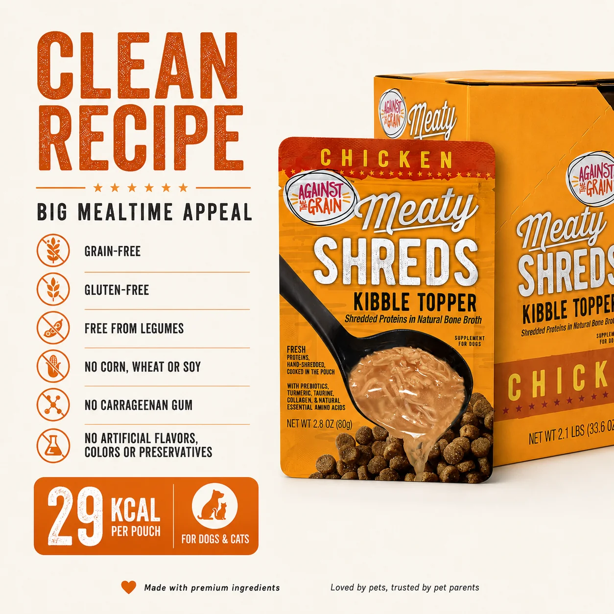 A package of Shreds Slow Cooked Shredded Chicken Kibble Topper, with text highlighting its grain-free, gluten-free, and natural ingredients for dogs and cats.