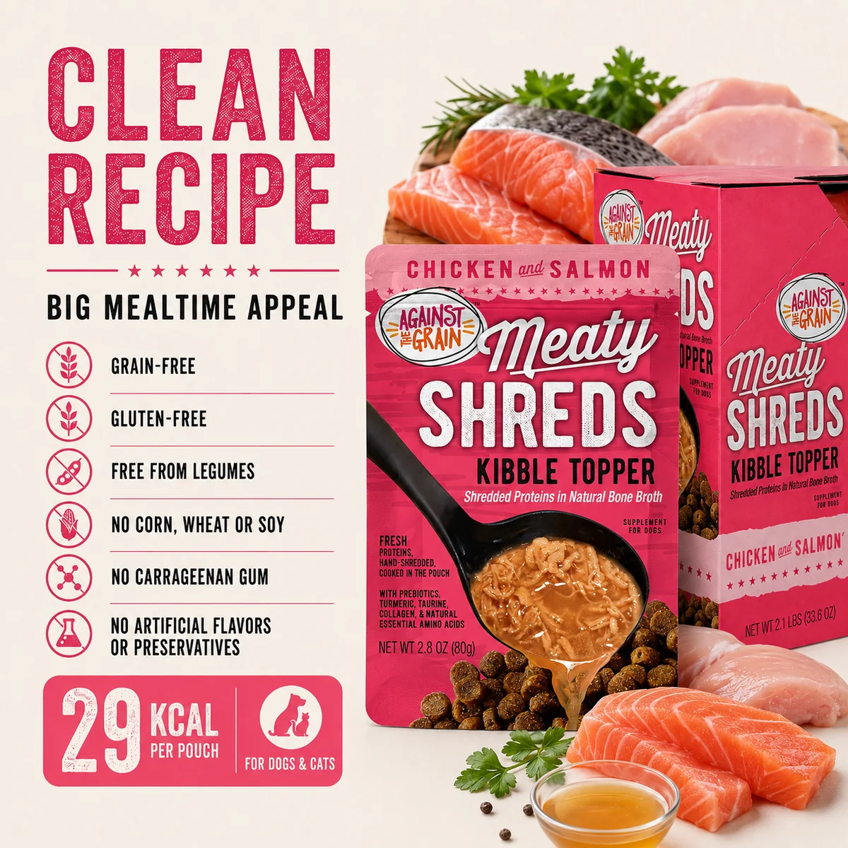 Packaging of Shreds Slow Cooked Shredded Chicken & Salmon Kibble Topper, with product details and ingredients displayed beside raw meat and parsley.