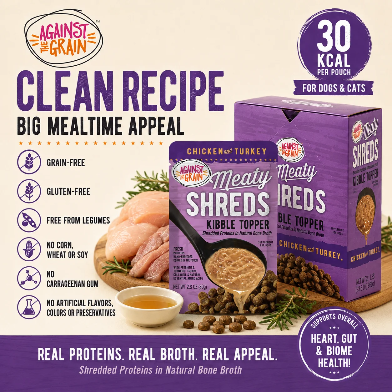 Shreds Slow Cooked Shredded Chicken & Turkey Kibble Topper for dogs and cats, shown in box and pouch packaging with shredded food, kibble, and highlighted product features.
