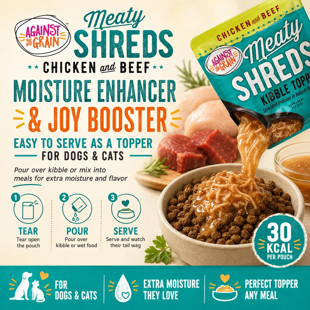 A pouch labeled "Shreds Slow Cooked Shredded Chicken & Beef Kibble Topper" is being poured over a bowl of kibble, with product details and serving instructions for dogs and cats displayed nearby.