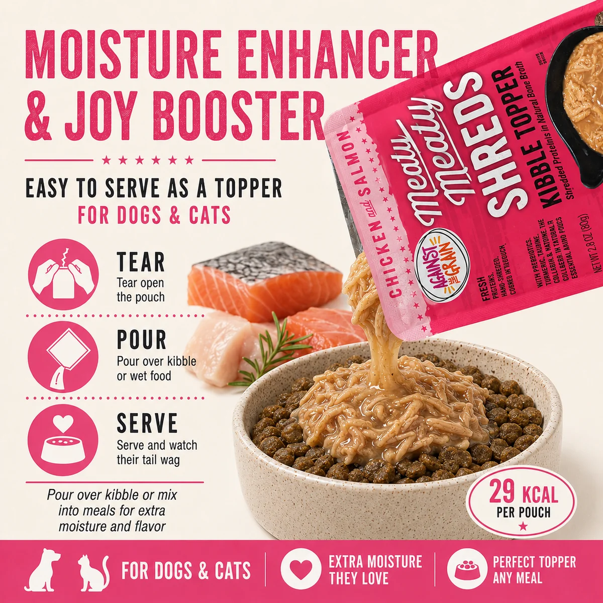A packet of Shreds Slow Cooked Shredded Chicken & Salmon Kibble Topper being poured over a bowl of dry pet food, with visible salmon pieces and serving instructions included.