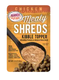 A pouch of Shreds Slow Cooked Shredded Chicken Kibble Topper for dogs, featuring shredded chicken in broth poured over dog kibble. Net weight 2.8 oz.