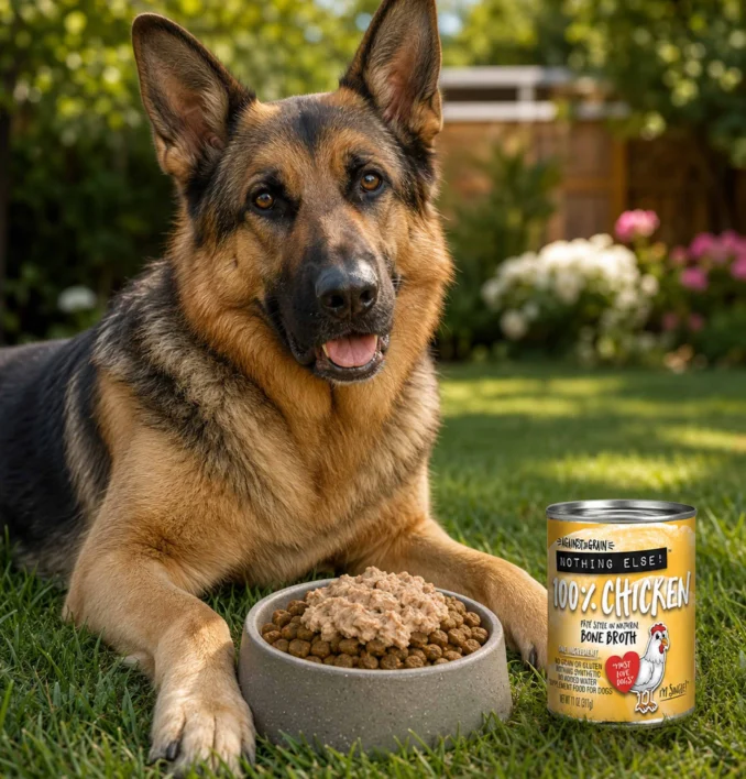 German Shepard with Against the Grain cans.
