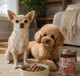 Two puppies near Agains the Grain cans.