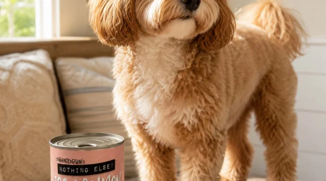 Dog standing near food cans.