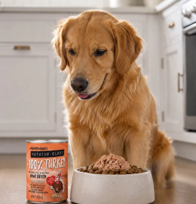 A golden retriever alongside Against the Grain food cans.