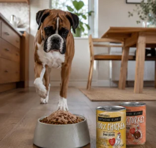 A boxer with Against the Grain food.