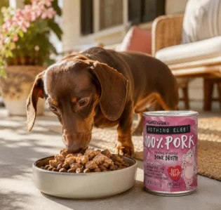 A Weenie eating Against the Grain pet food.