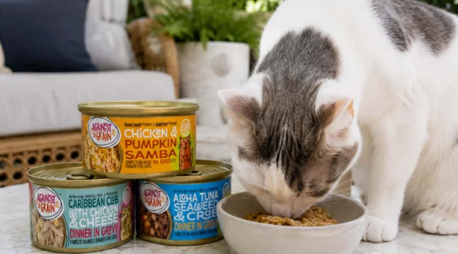 A spotted cat eating Against the Grain pet food.