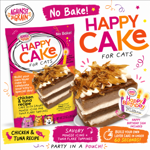 Packaging for "Happy Cakes for Cats" featuring a layered chicken and tuna recipe cat treat, topped with tuna flakes. Labeled as no-bake, party in a pouch, and ready in under 60 seconds.